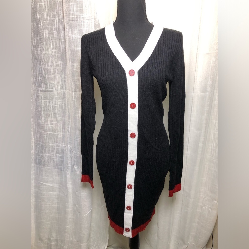 VENUS Black and White Button Down Sweater Dress with Red Accents